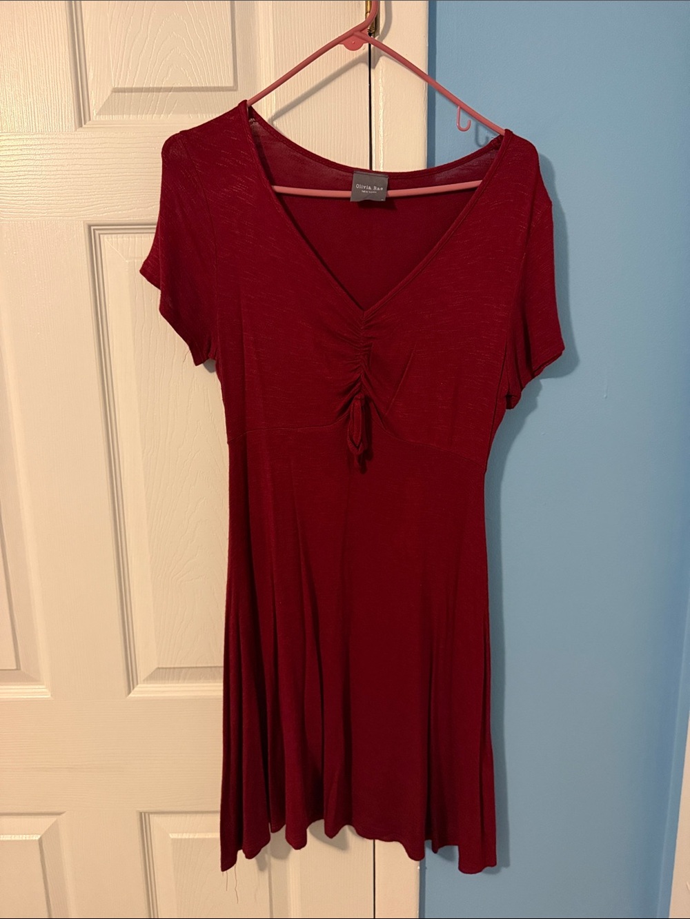 Olivia Rae Short Sleeve V-Neck Ruched Burgundy Dress